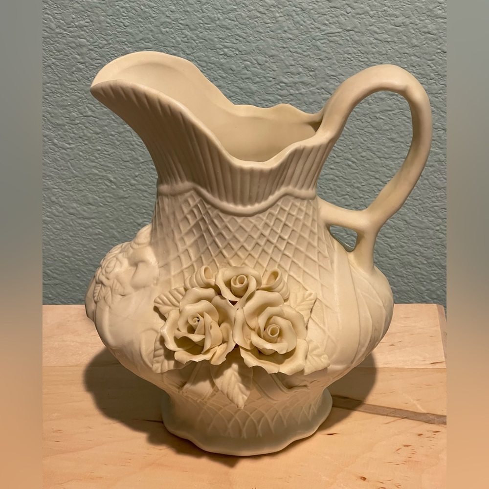 Vintage Bisque Porcelain Floral Vase – Raised Roses, Lattice Texture (7”)